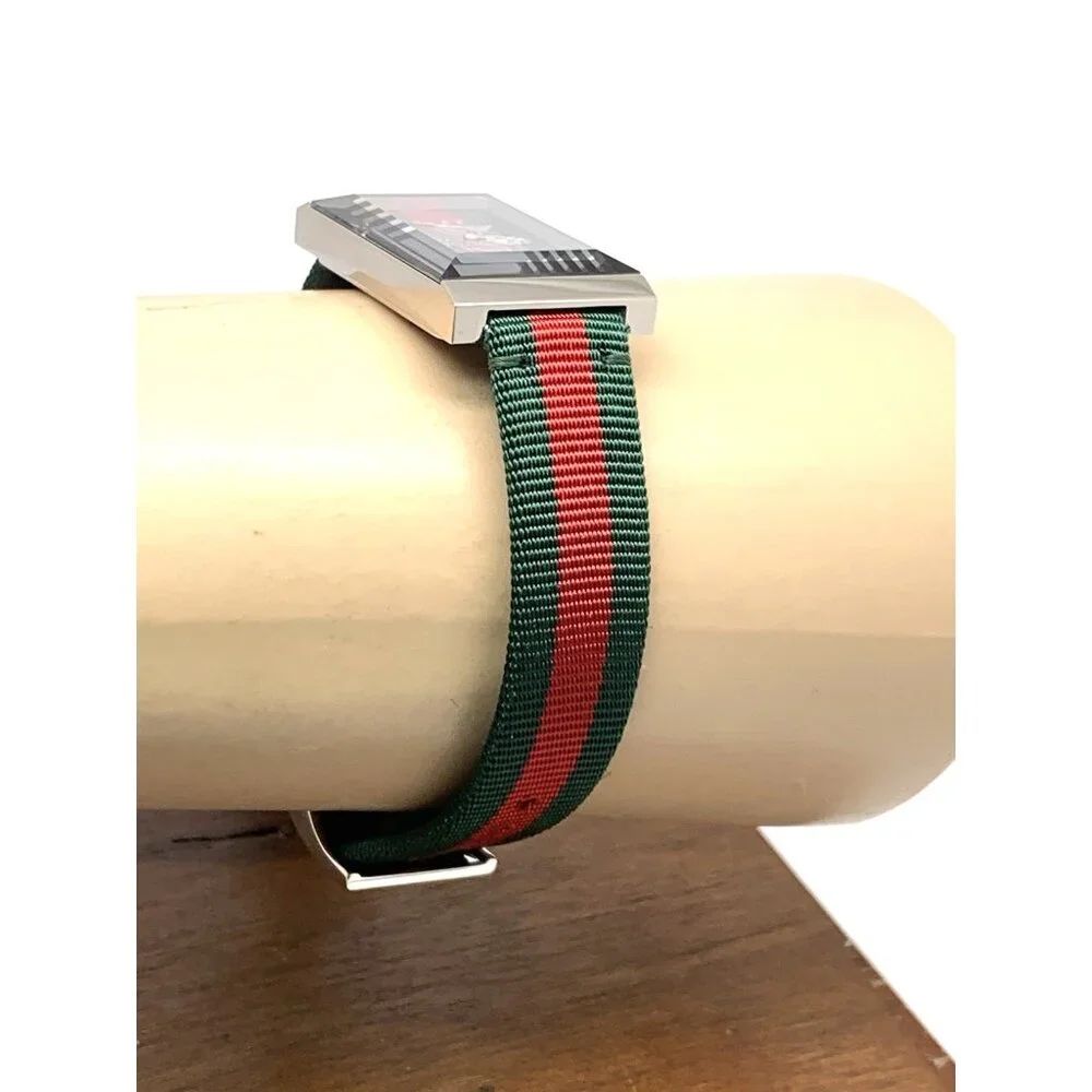 Gucci Women's Watch YA147408 G-Frame Green Red Dial Swiss Quartz Tank Nylon Band